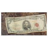 1963 Red Seal $5.00 Dollar Bill U.S. Note