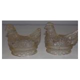 (2) Clear Glass Hens