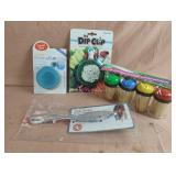 Dip clip, fish scaler, toothpicks and drinking