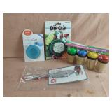 Dip clip, fish scaler, toothpicks and drinking
