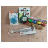 Dip clip, fish scaler, toothpicks and drinking