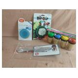 Dip clip, fish scaler, toothpicks and drinking