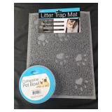 Litter trap mat and collapsible pet bowl