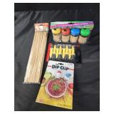 Bamboo skewers, corn holders. Dip clip bowl,