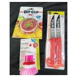 Soap brush. Tomato knives, dip clip bowl