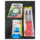 Soap brush. Tomato knives, dip clip bowl
