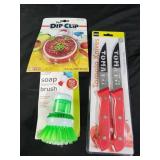 Soap brush. Tomato knives, dip clip bowl