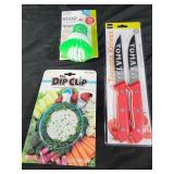 Soap brush. Tomato knives, dip clip bowl