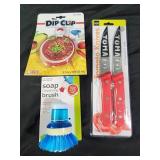 Soap brush. Tomato knives, dip clip bowl