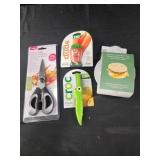 Kitchen shears, veggie brush, croc peeler  egg