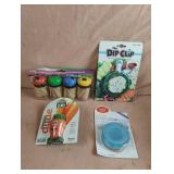 Tooth picks, dip clip, veggie dude and drinking