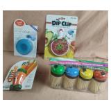 Tooth picks, dip clip, veggie dude and drinking