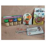 Tooth picks, dip clip, veggie dude and fish