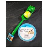 Ball launcher, collapsible pet bowl