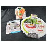 Veggie brush, utility hook, microwave tray