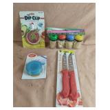 Tomato knives, toothpicks, drinking cup and pill