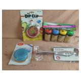 Dip clip, toothpicks, drinking cup and pill