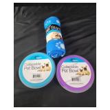 Pet blanket. 2 collapsible pet bowls