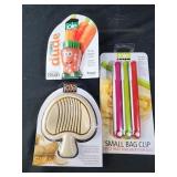 Mushroom slicer, veggie brush, bag clips
