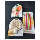 Mushroom slicer, veggie brush, bag clips