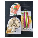 Mushroom slicer, veggie brush, bag clips