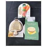 Veggie brush. Mushroom slicer. Microwave egg