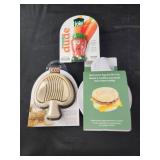 Veggie brush. Mushroom slicer. Microwave egg
