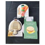 Veggie brush. Mushroom slicer. Microwave egg