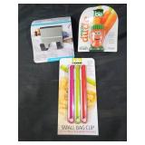 Bag clips, veggie brush, utility hook