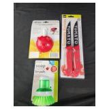 Soap brush. Tomato knives, dip clip bowl
