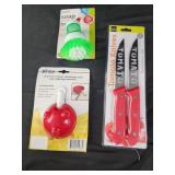 Soap brush. Tomato knives, dip clip bowl