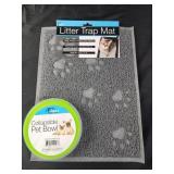 Litter trap mat and collapsible pet bowl