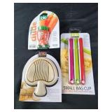 Mushroom slicer, veggie brush, bag clips