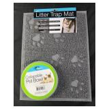 Litter trap mat and collapsible pet bowl