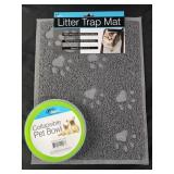 Litter trap mat and collapsible pet bowl