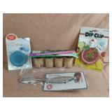 Dip clip, fish scaler, toothpicks and drinking