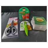 Kitchen shears, veggie brush, croc peeler  egg