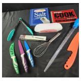 Kitchen knives, cookbooks, assorted utensils