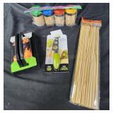 Grill scrubbing pad, mini cheese knife, bamboo