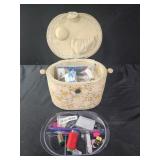 Seashell sewing basket with contents, thread and