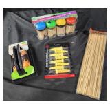 Grill brush. Toothpicks, corn cob holders.