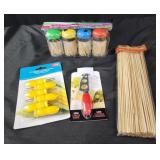 Toothpicks, corn holders. Cheese knife. Skewers