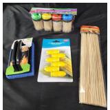 Toothpicks, corn holders. Grill scrub pad.