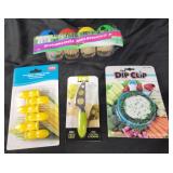 Toothpicks, dip clip, cheese knife, corn holders