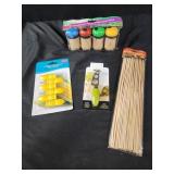 Toothpicks, corn holders. Cheese knife. Skewers