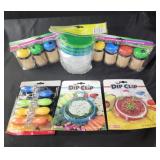 Snack n pack containers, dip clips, toothpicks,