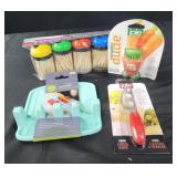Utensil rest, toothpicks. Cheese knife, veggie