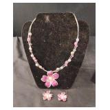 Purple 3 strand floral necklace 18" with earrings