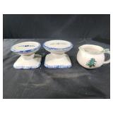 Blue sponge ware candle holders. Christmas