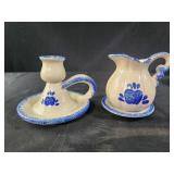 Blue sponge ware candle holder and small pitcher